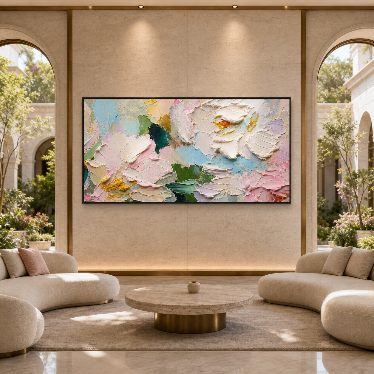PRING BOUQUET: Pastel Pink White Yellow Flowers Impasto Panoramic Canvas