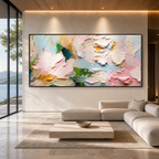 PRING BOUQUET: Pastel Pink White Yellow Flowers Impasto Panoramic Canvas