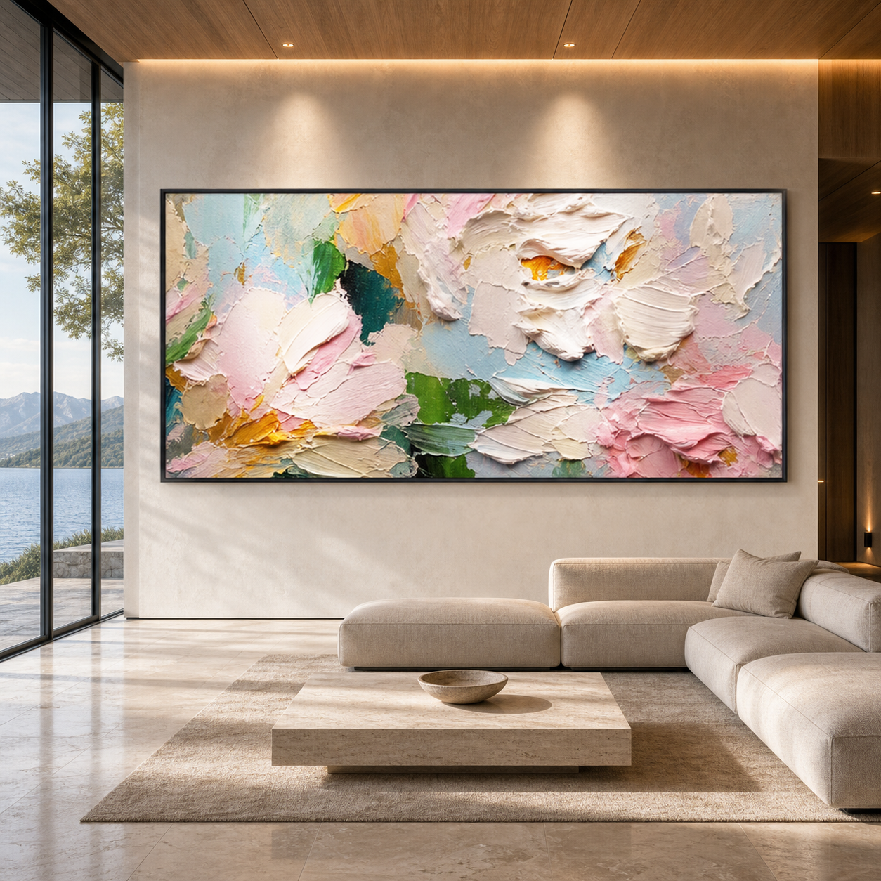 PRING BOUQUET: Pastel Pink White Yellow Flowers Impasto Panoramic Canvas