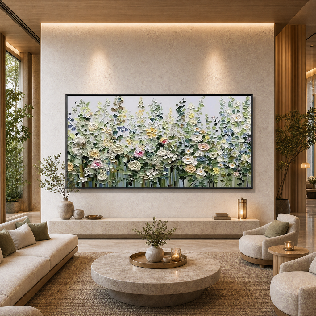 SPRING MEADOW: Colorful Meadow Wildflowers Impasto Romantic Canvas