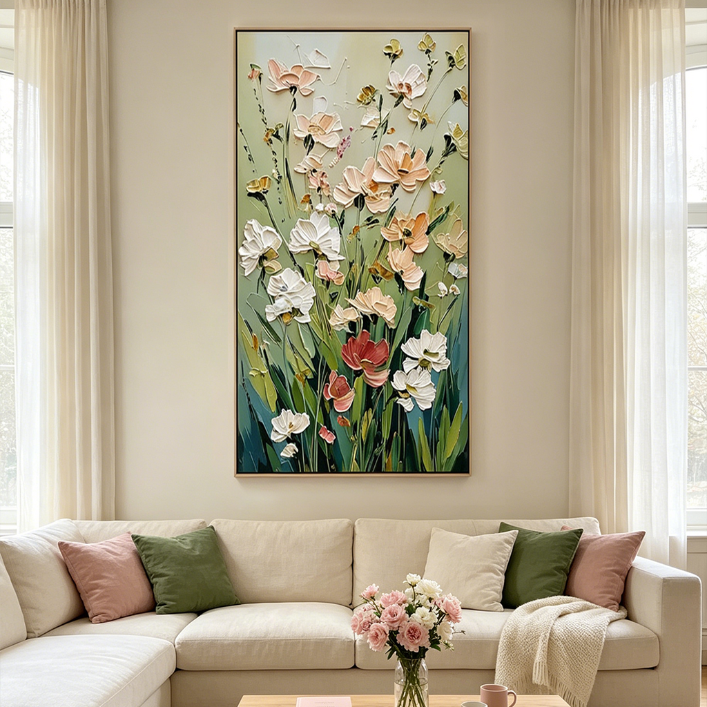 SPRING'S EMBRACE: 3D Impasto Wildflower Meadow Canvas