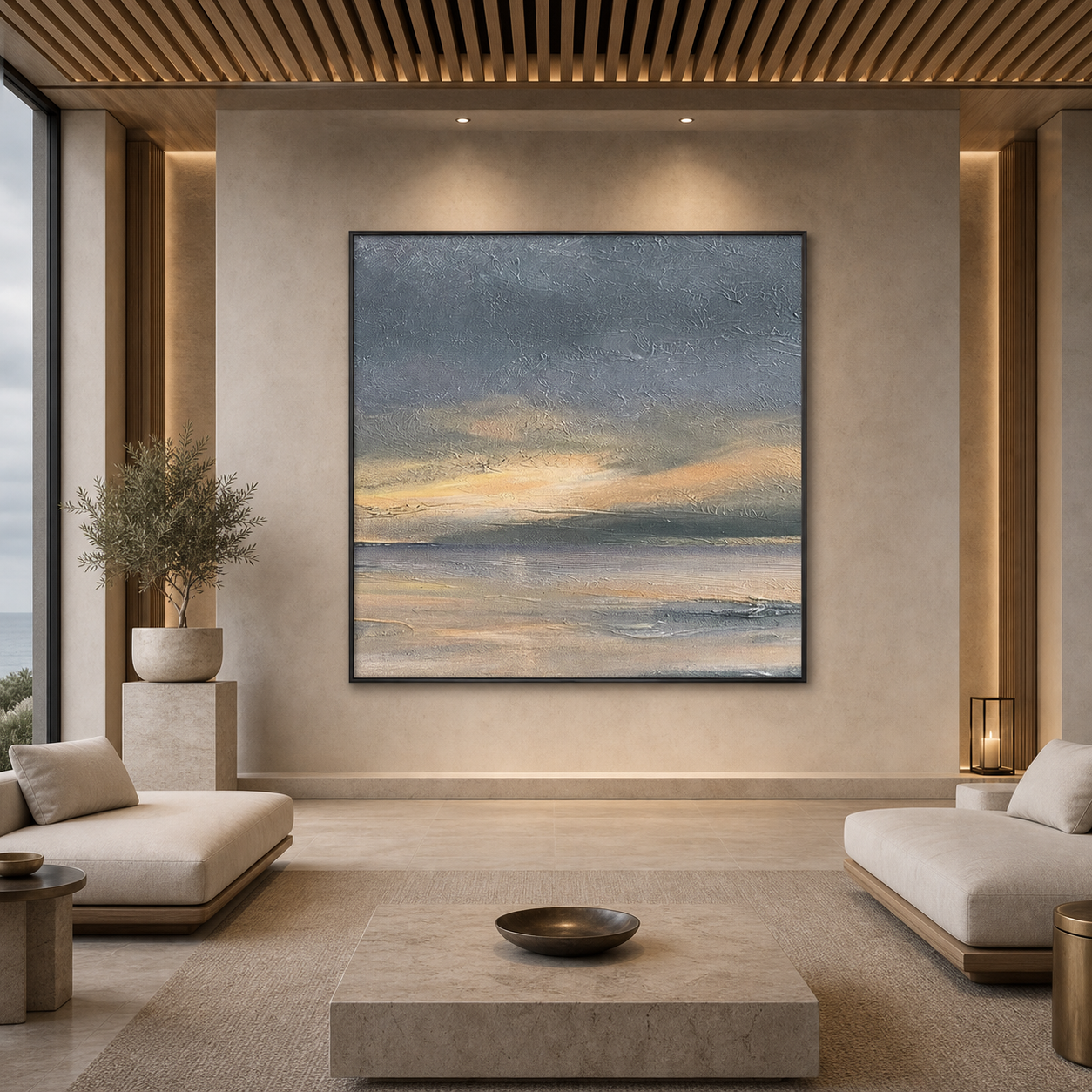 STORMY SEASCAPE: Grey Yellow Blue Dramatic Waves Textured Canvas