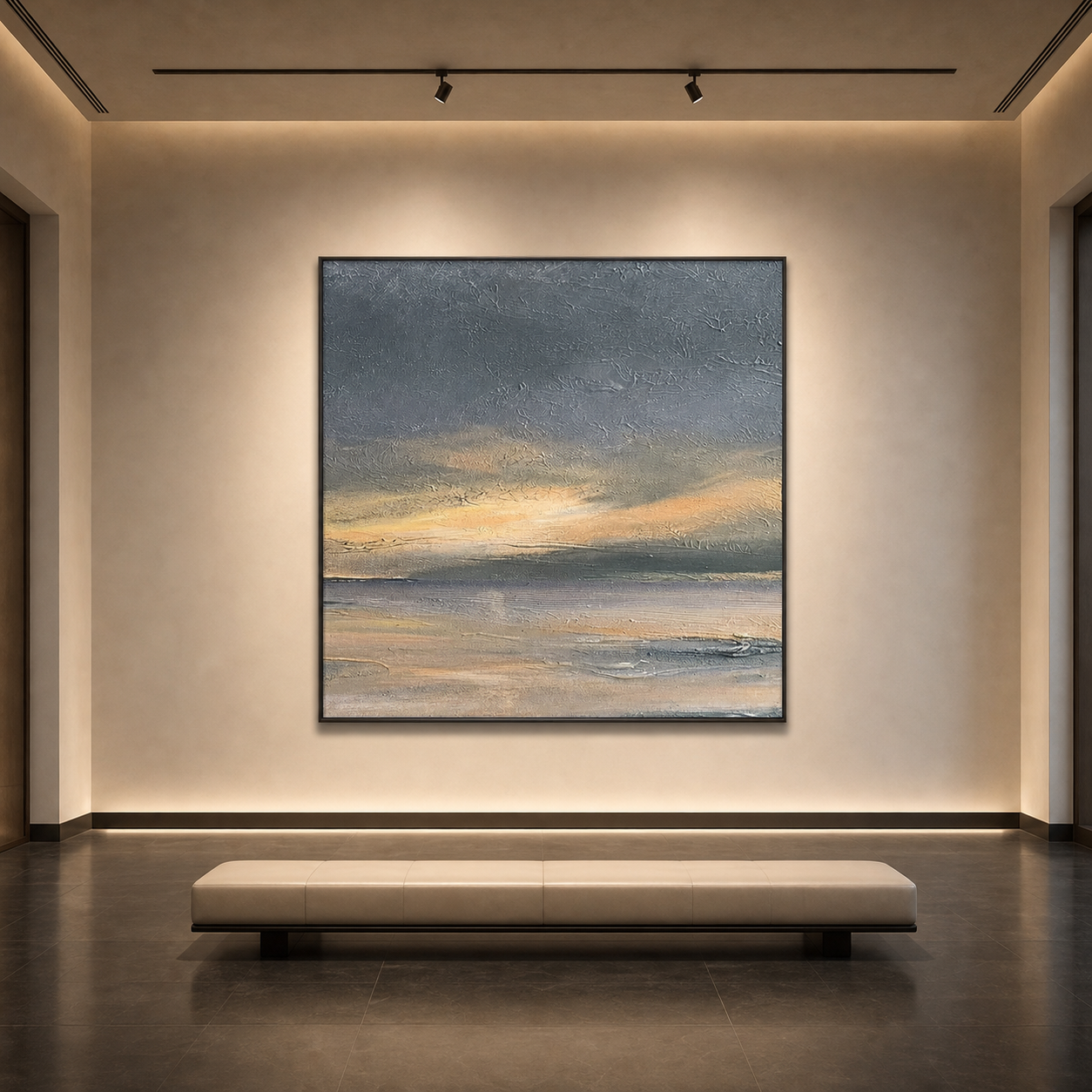 STORMY SEASCAPE: Grey Yellow Blue Dramatic Waves Textured Canvas