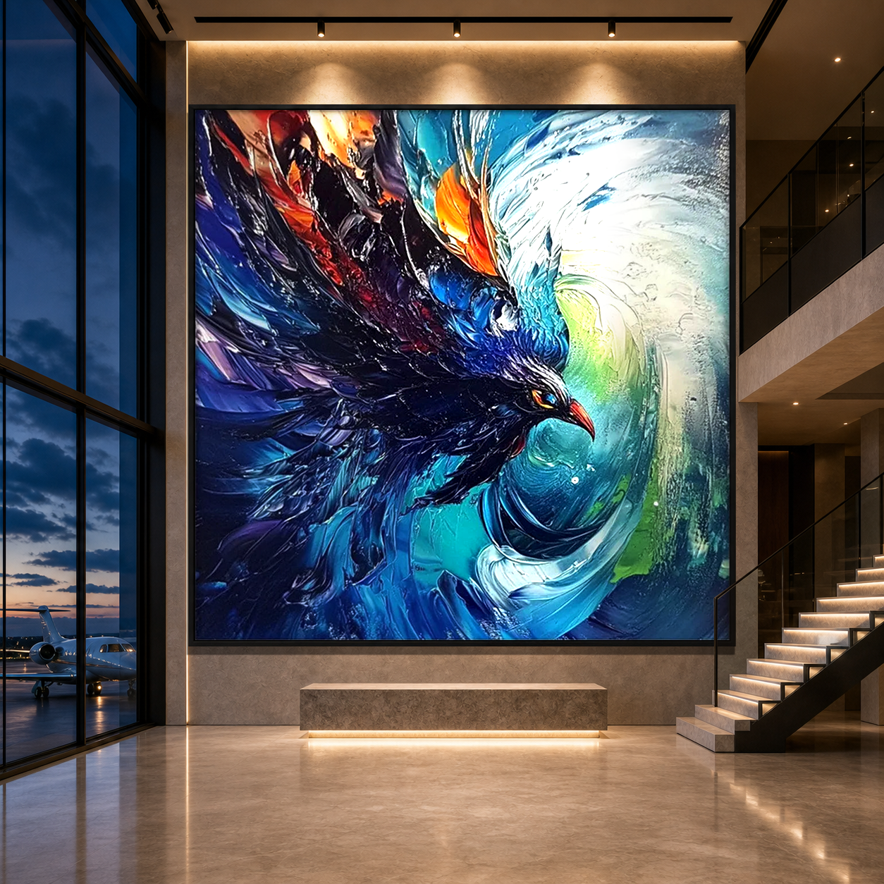 STORM RAZOR: Bird In Flight Storm Blue Green Orange Impasto Canvas