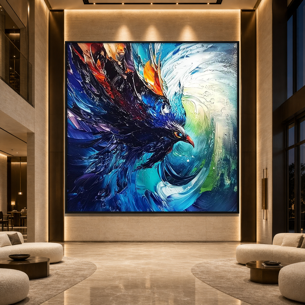 STORM RAZOR: Bird In Flight Storm Blue Green Orange Impasto Canvas