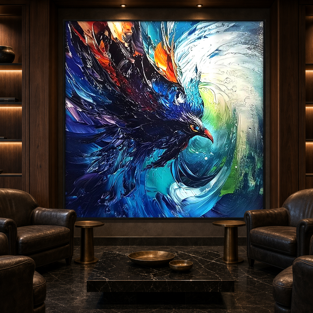 STORM RAZOR: Bird In Flight Storm Blue Green Orange Impasto Canvas