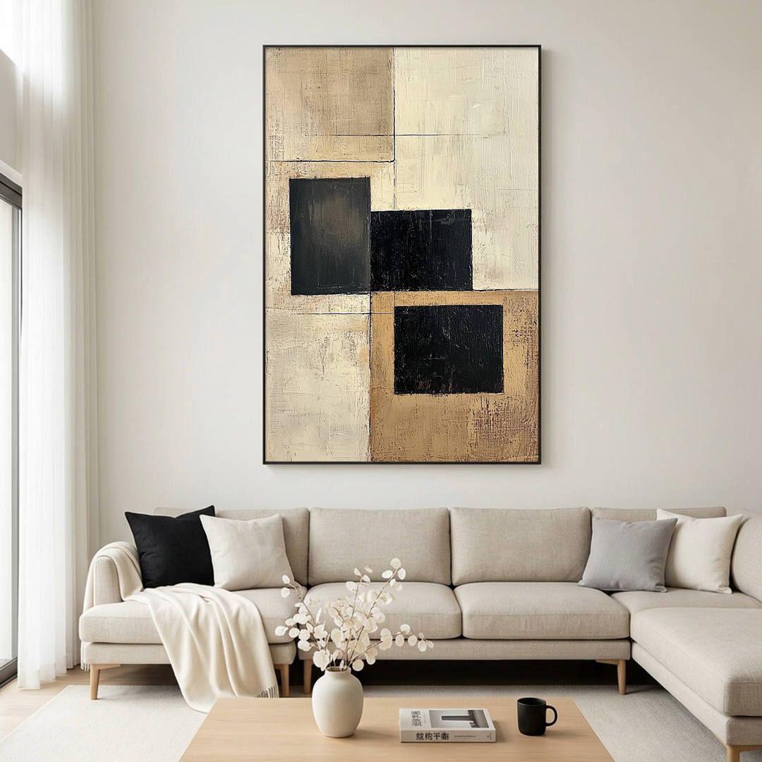 STRUCTURED BALANCE: Black Beige Blocks Textured Minimalist Canvas