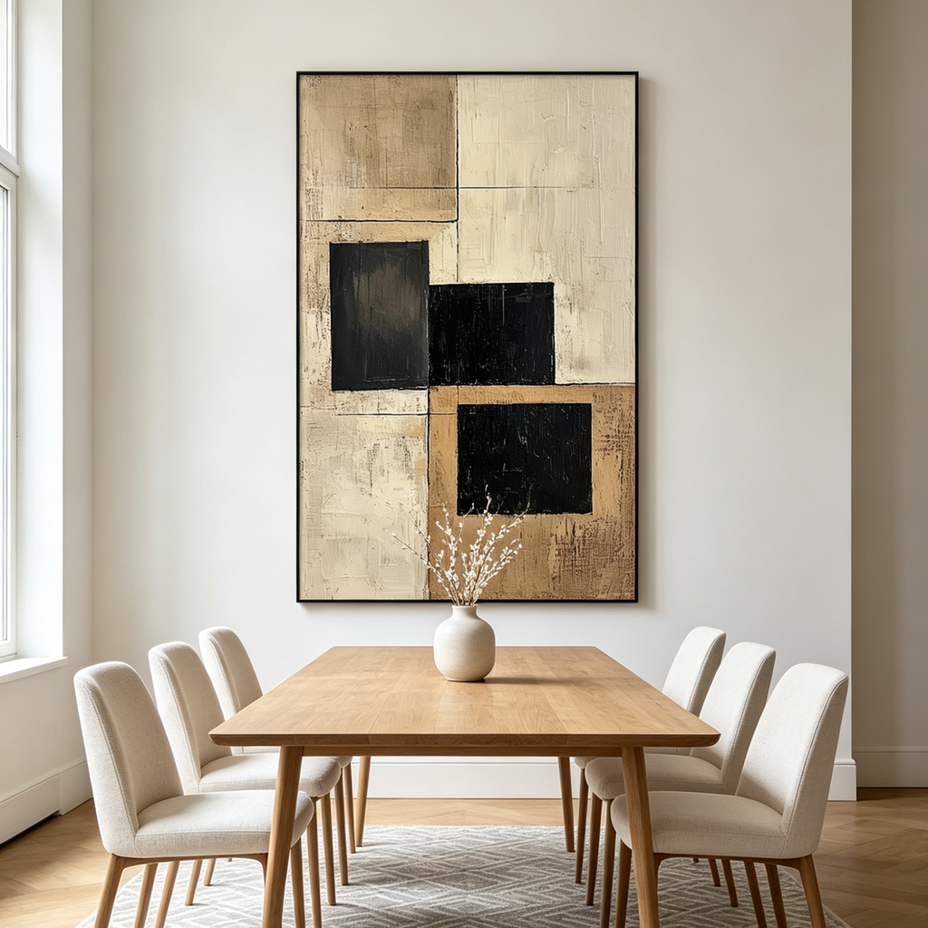 STRUCTURED BALANCE: Black Beige Blocks Textured Minimalist Canvas