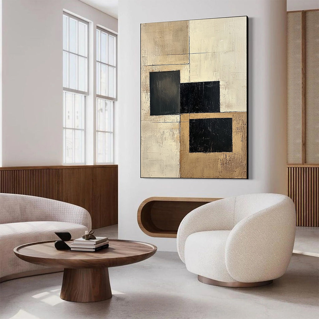 STRUCTURED BALANCE: Black Beige Blocks Textured Minimalist Canvas