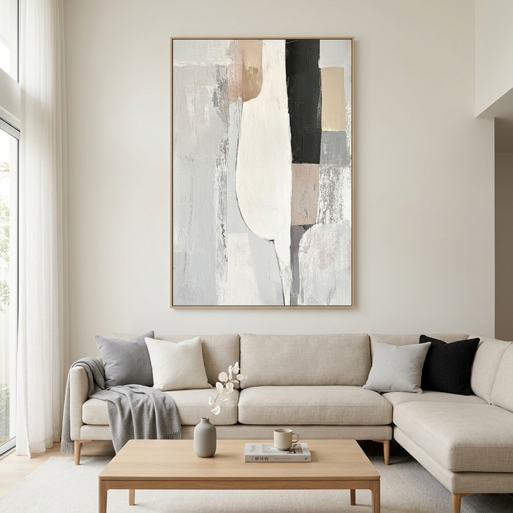 STRUCTURED CALM: Grey White Beige Abstract Forms Bold Black Element Canvas