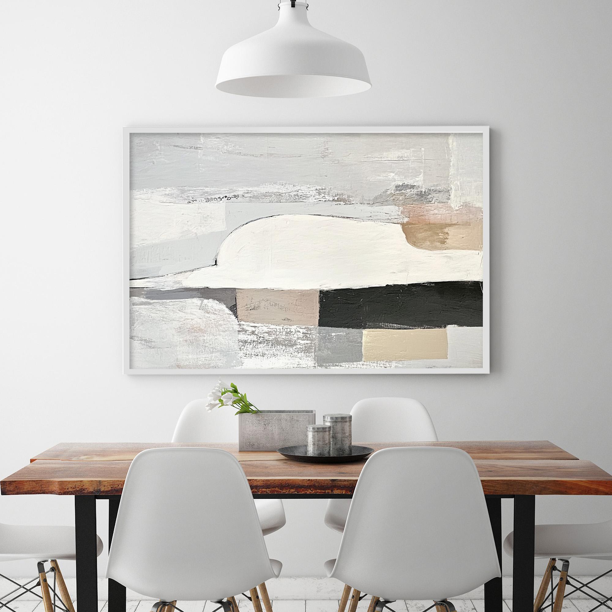 STRUCTURED CALM: Grey White Beige Abstract Forms Bold Black Element Canvas
