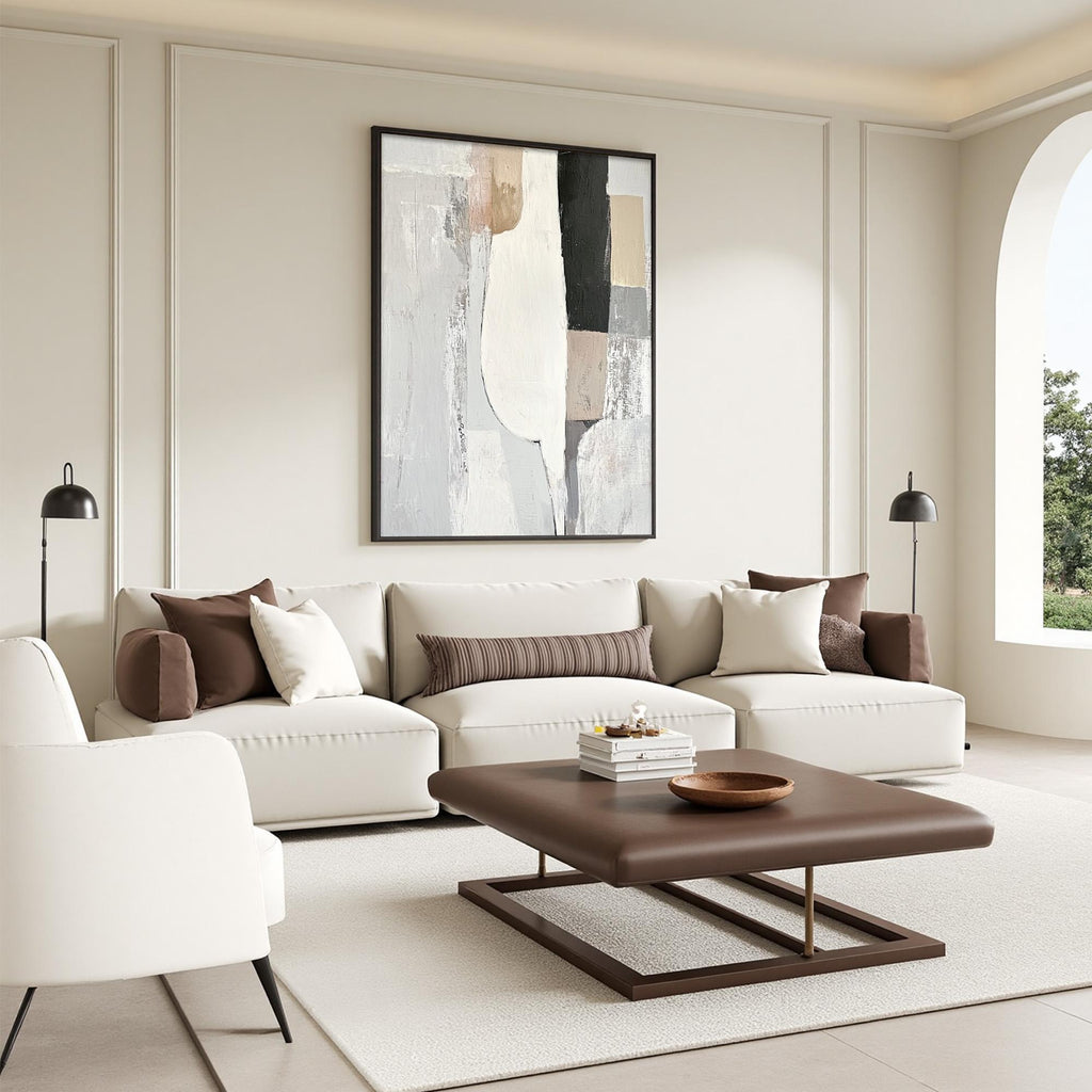 STRUCTURED CALM: Grey White Beige Abstract Forms Bold Black Element Canvas