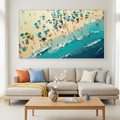 SUMMER AFTERNOON: Colorful Beach Umbrellas Turquoise Waves Oil Painting
