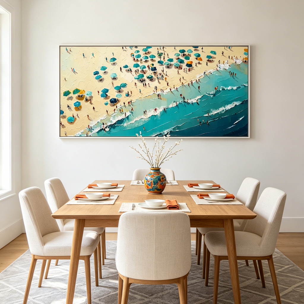 SUMMER AFTERNOON: Colorful Beach Umbrellas Turquoise Waves Oil Painting