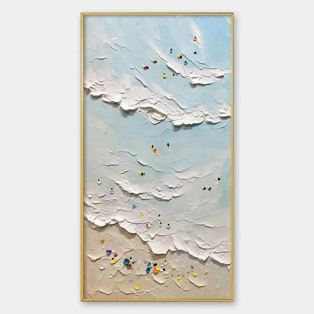 Textured beach painting 'Summer Beach' by Willow Davies, featuring surfers, swimmers, and colorful umbrellas.