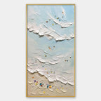 Textured beach painting 'Summer Beach' by Willow Davies, featuring surfers, swimmers, and colorful umbrellas.