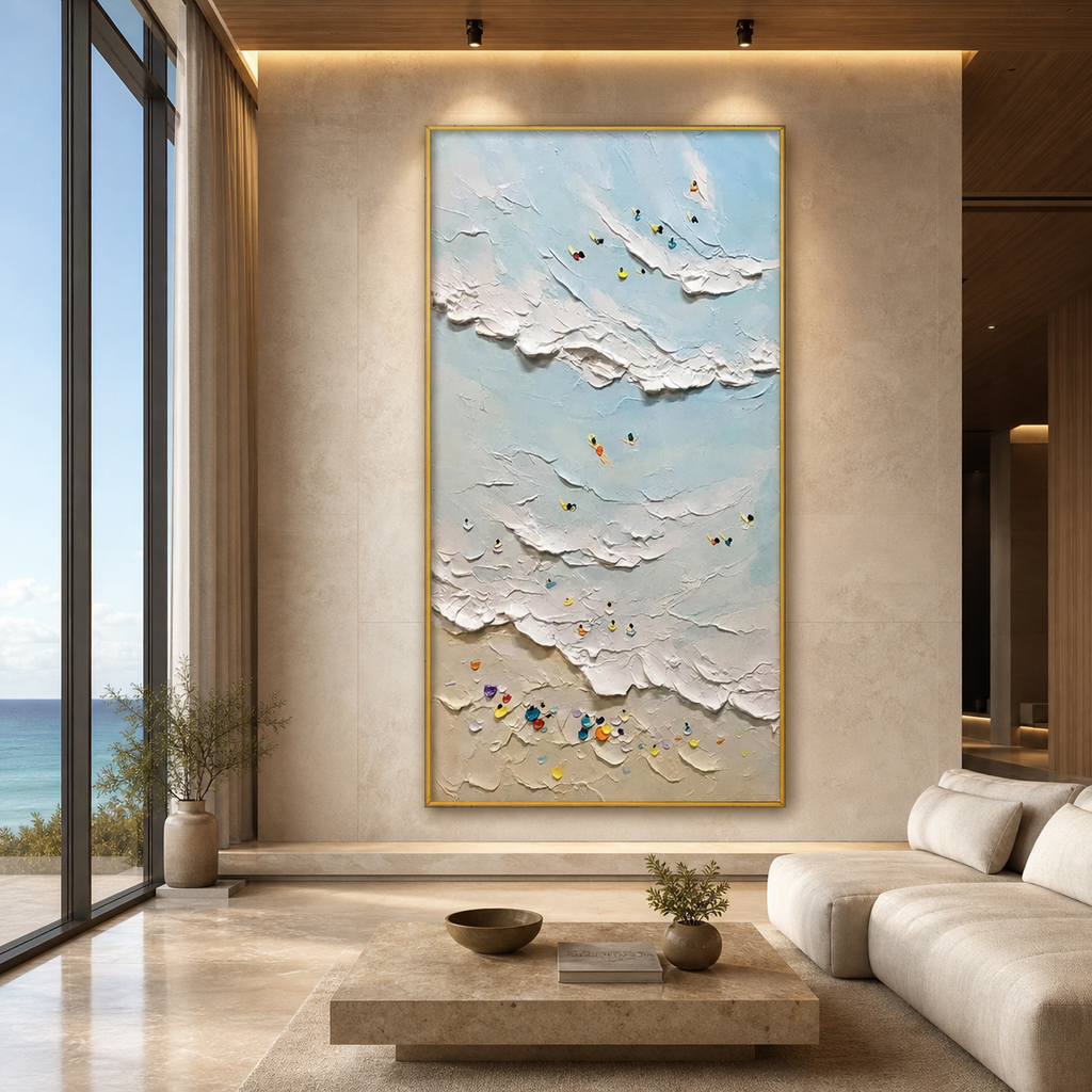 SUMMER BEACH: Surfers Colorful Umbrellas Impasto Waves Canvas