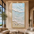 SUMMER BEACH: Surfers Colorful Umbrellas Impasto Waves Canvas