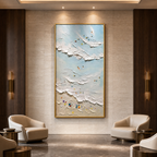 SUMMER BEACH: Surfers Colorful Umbrellas Impasto Waves Canvas