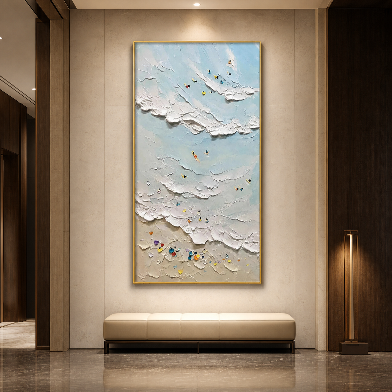 SUMMER BEACH: Surfers Colorful Umbrellas Impasto Waves Canvas