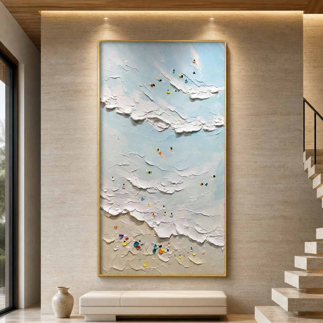 SUMMER BEACH: Surfers Colorful Umbrellas Impasto Waves Canvas