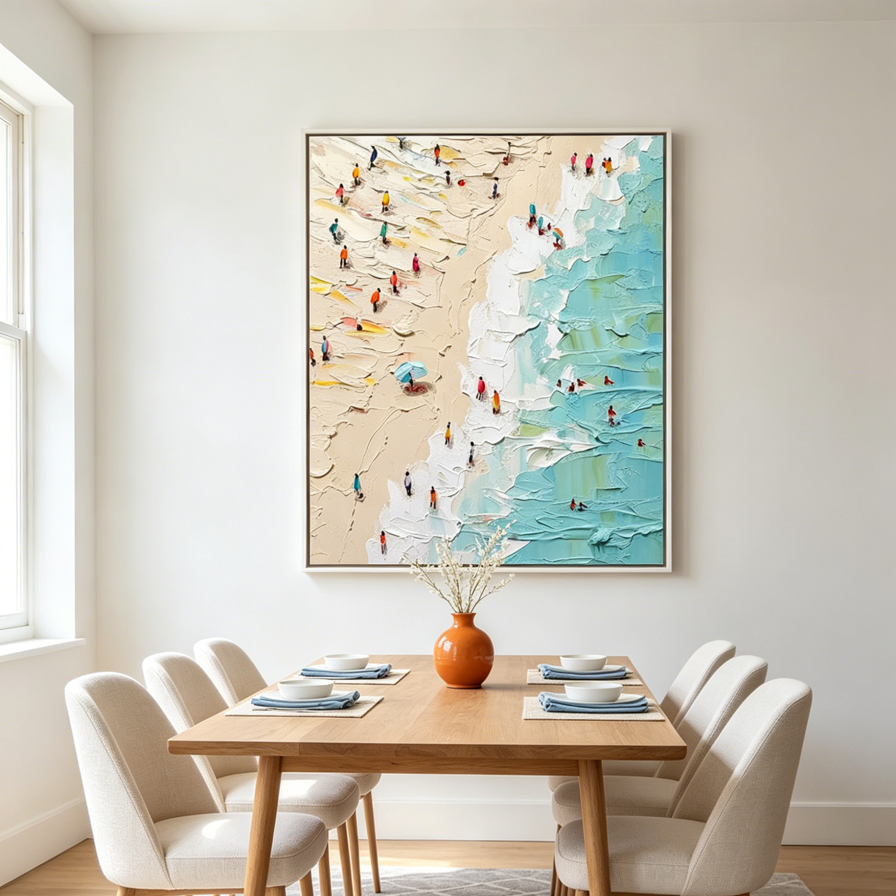 SUMMER HOLIDAY: Impasto Colorful Figures On Beach Oil Painting