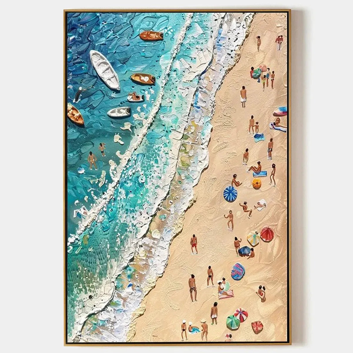 Sun-Kissed Shores, textured beach scene painting by Isabella Rossi. Coastal artwork with figures, boats, and umbrellas.