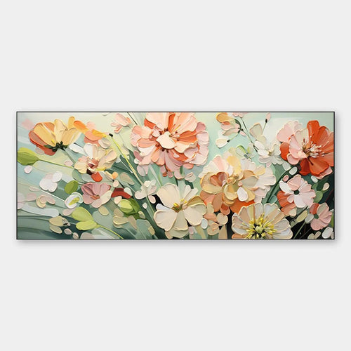 SUNKISSED GARDEN: Textured impasto floral painting in orange, white, and pink by Elodie Dubois.