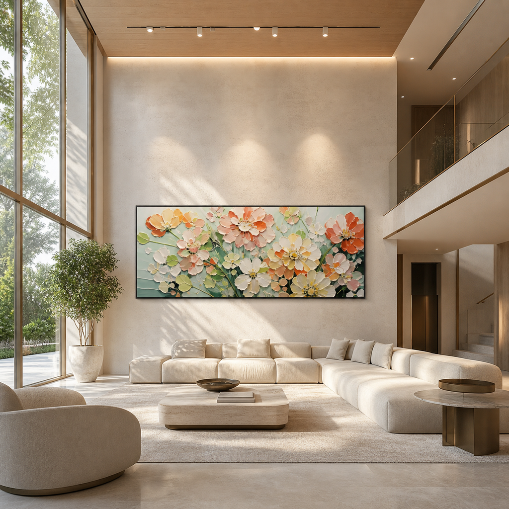 SUNKISSED GARDEN: Warm Orange Pink White Impasto Canvas