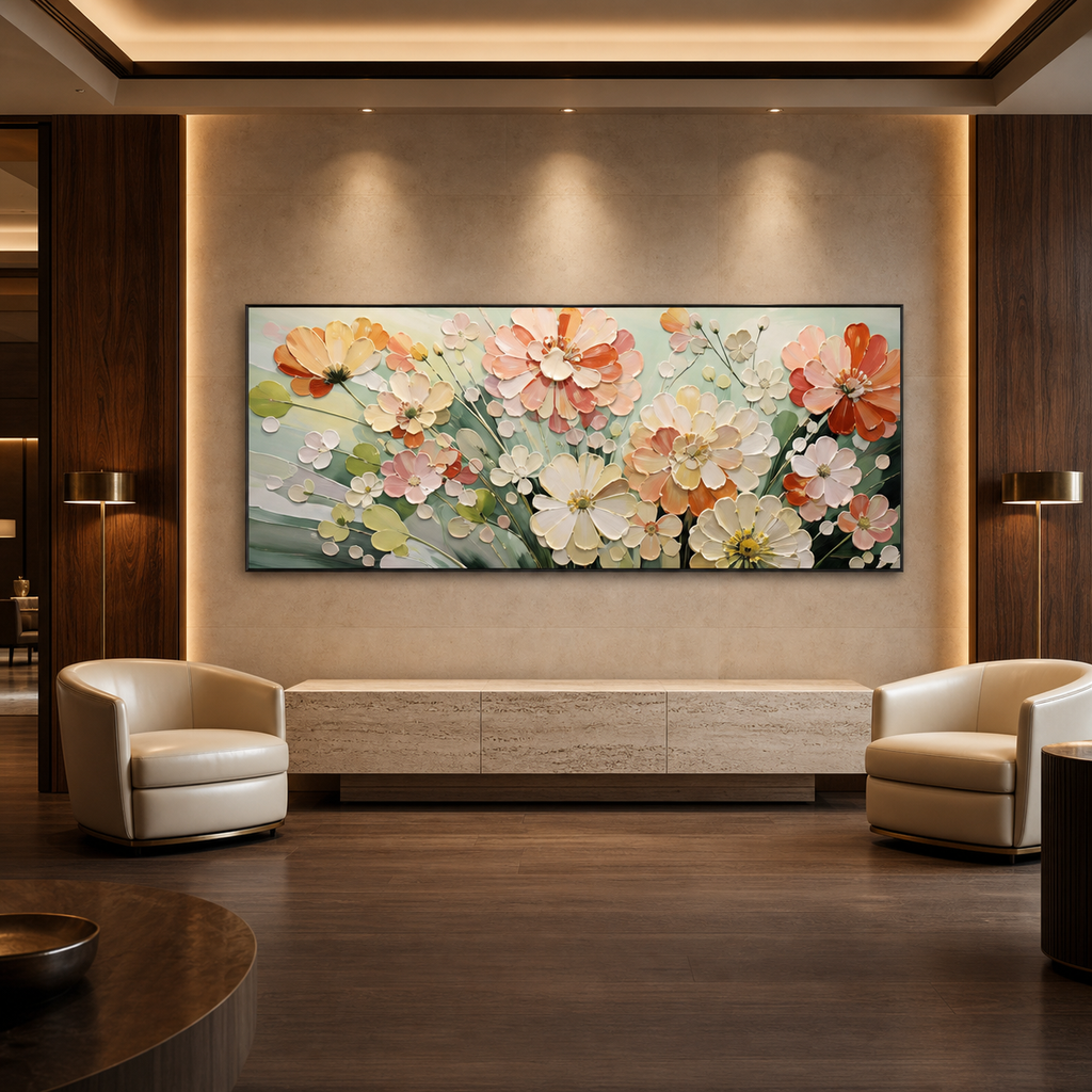 SUNKISSED GARDEN: Warm Orange Pink White Impasto Canvas