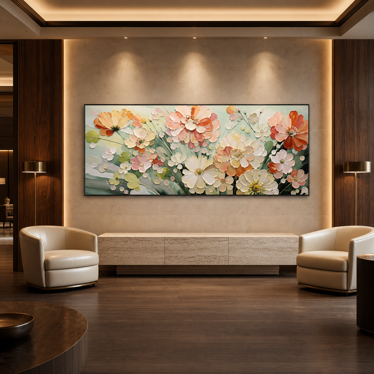 SUNKISSED GARDEN: Warm Orange Pink White Impasto Canvas
