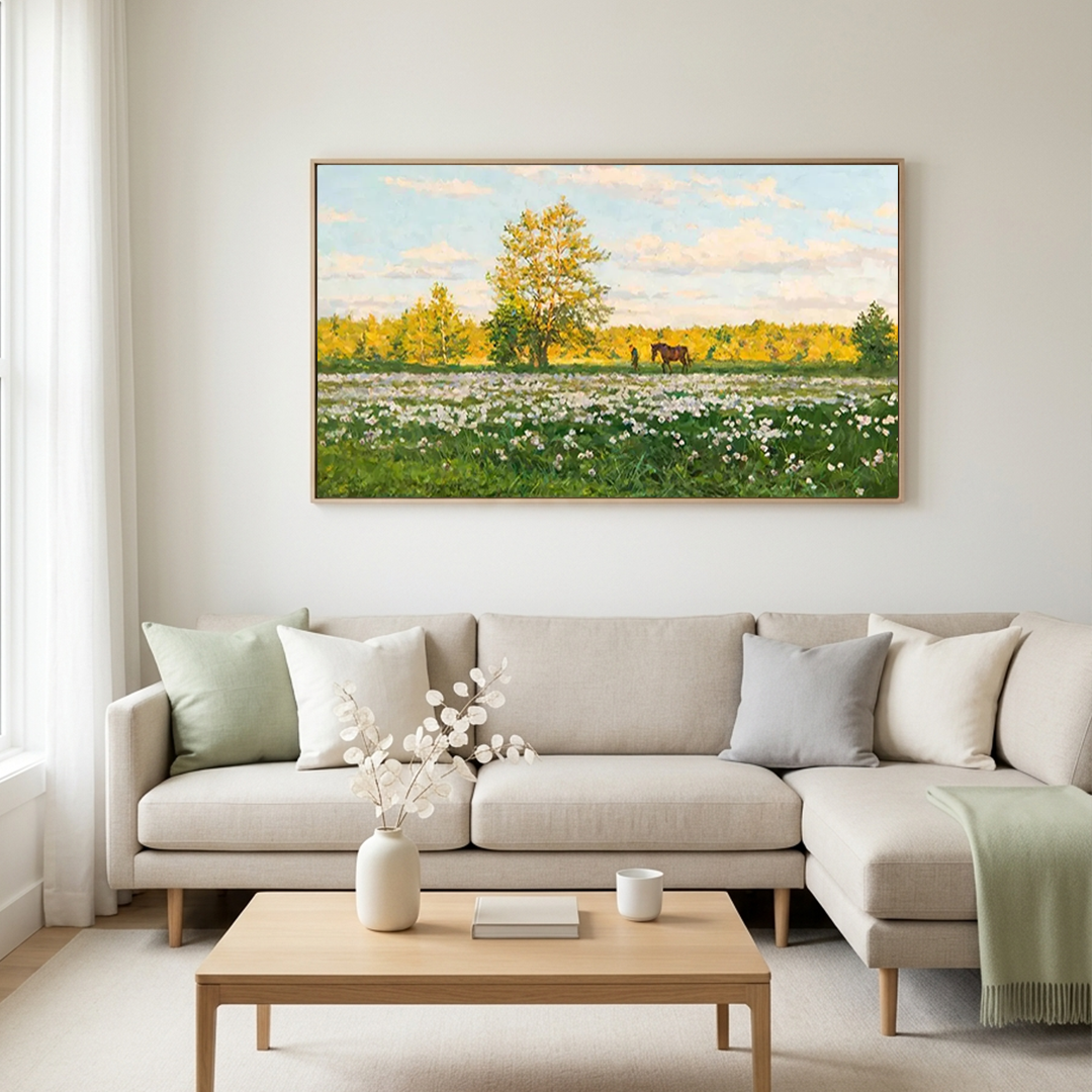 SUNLIT MEADOW: Sunlit Pastoral Peaceful Grassland Canvas