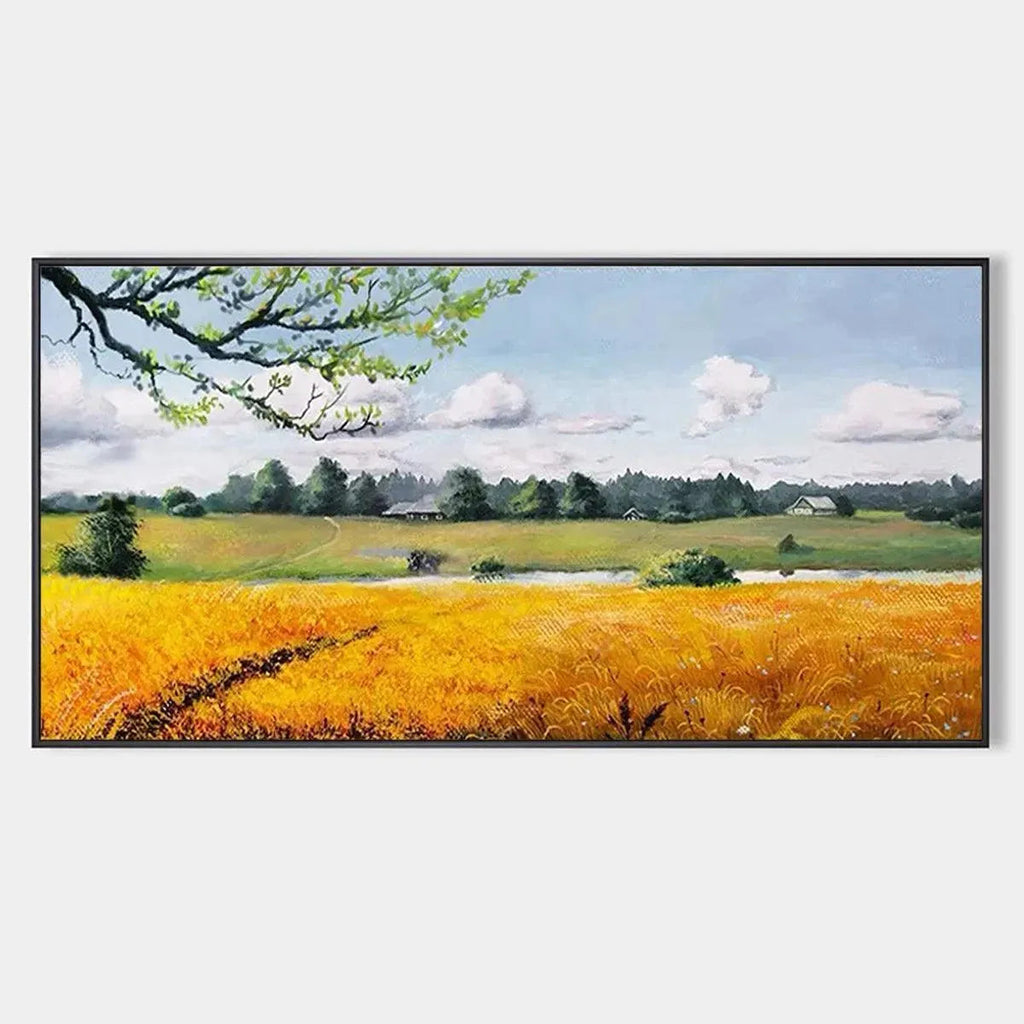 Golden Harvest original oil painting: golden wheat field landscape with distant farmhouse and cloudy sky.