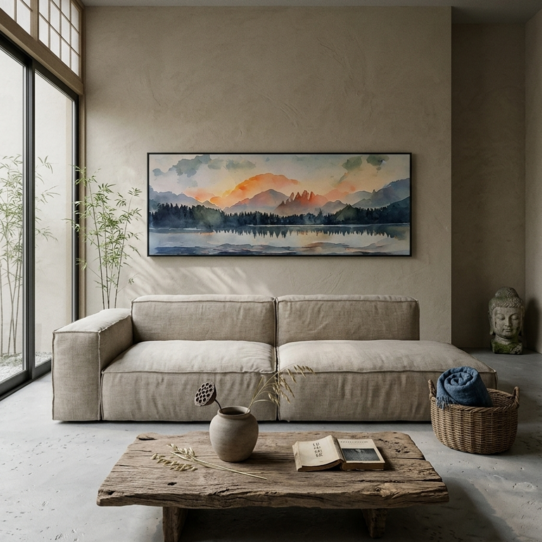 SUNSET SERENITY: Panoramic Mountain Lake Wall Art Sunset Landscape Canvas