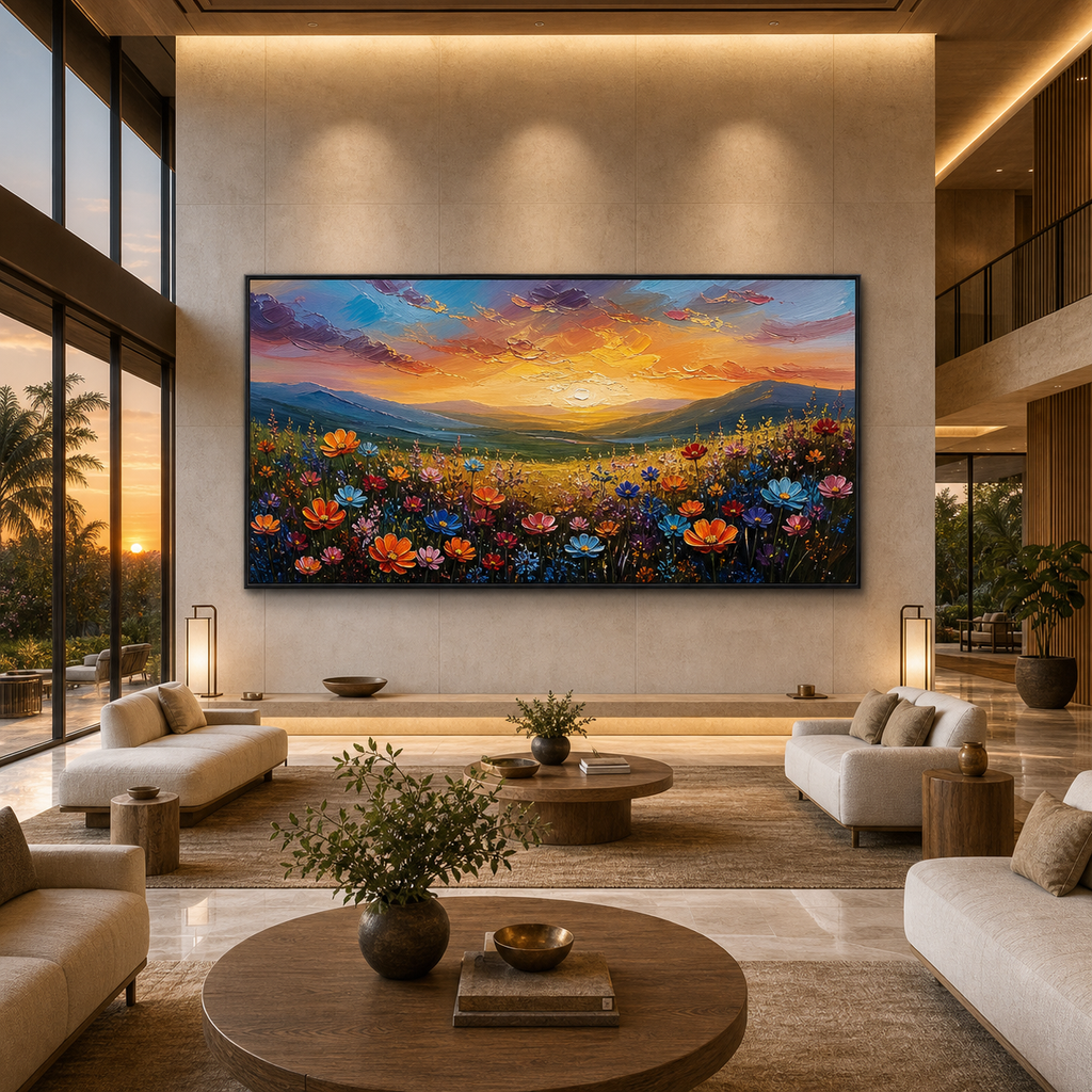 SUNSET SERENADE: Wildflower Meadow Golden Sunset Impasto Canvas