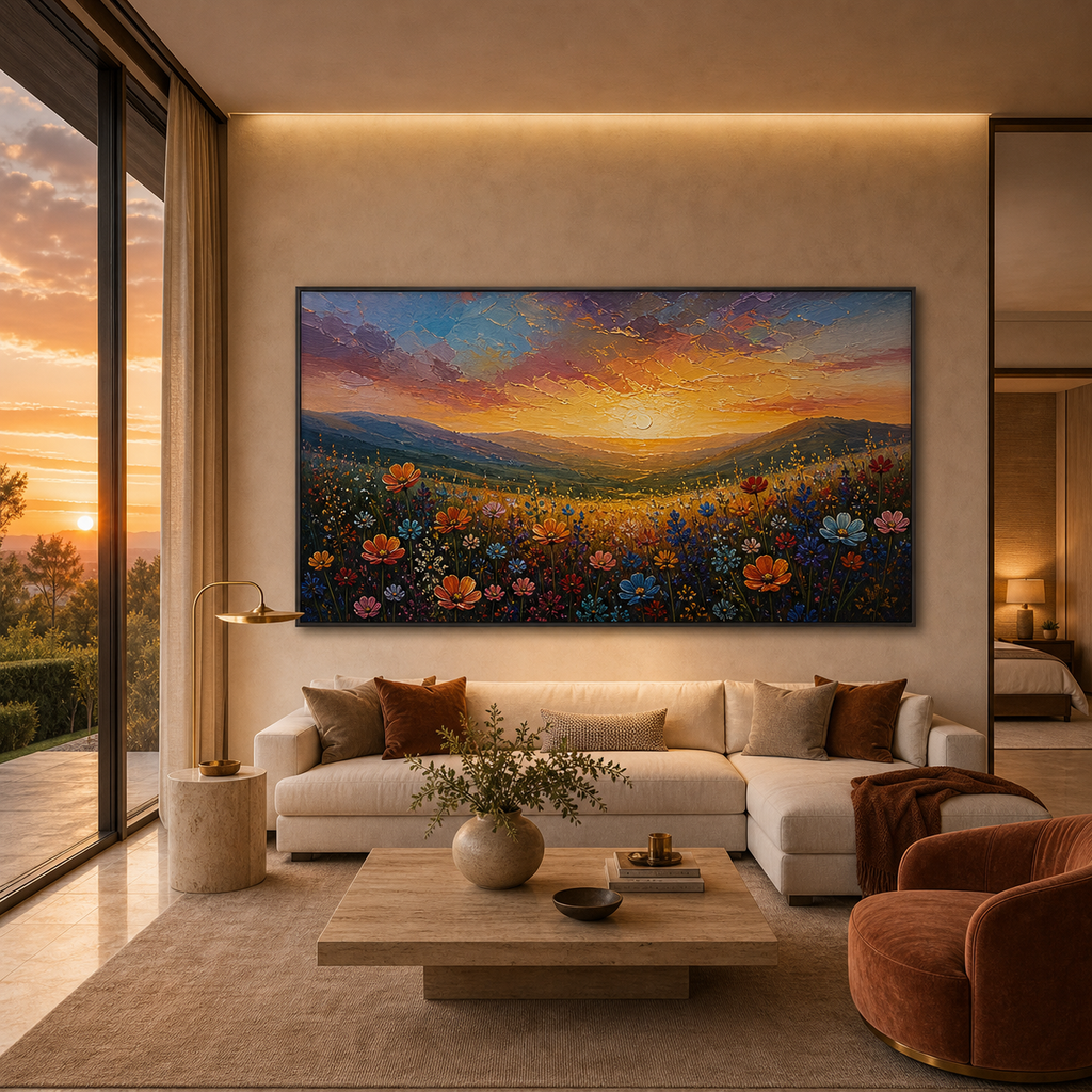 SUNSET SERENADE: Wildflower Meadow Golden Sunset Impasto Canvas