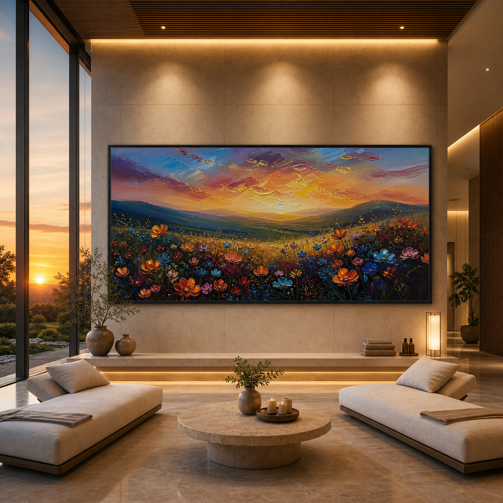 SUNSET SERENADE: Wildflower Meadow Golden Sunset Impasto Canvas