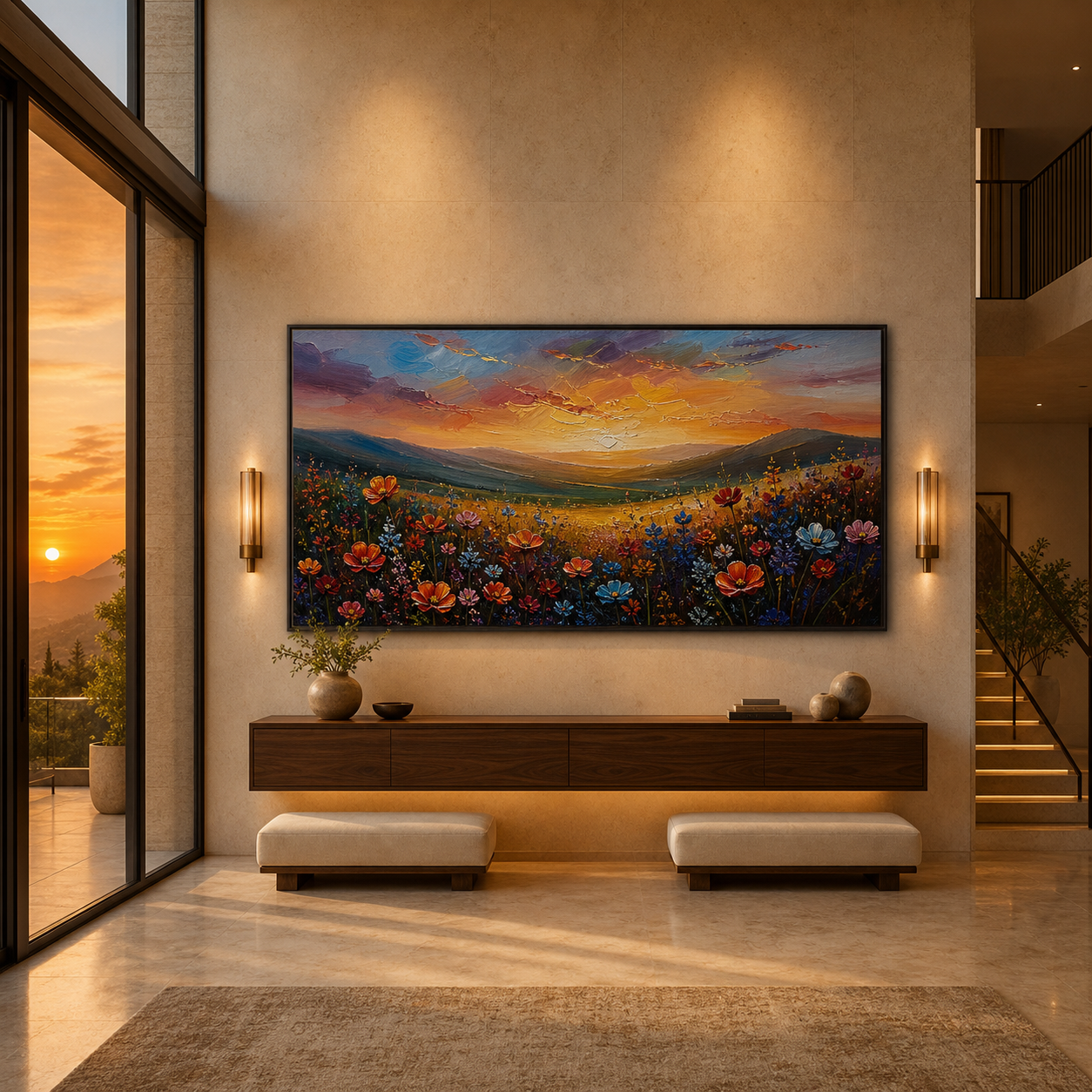 SUNSET SERENADE: Wildflower Meadow Golden Sunset Impasto Canvas