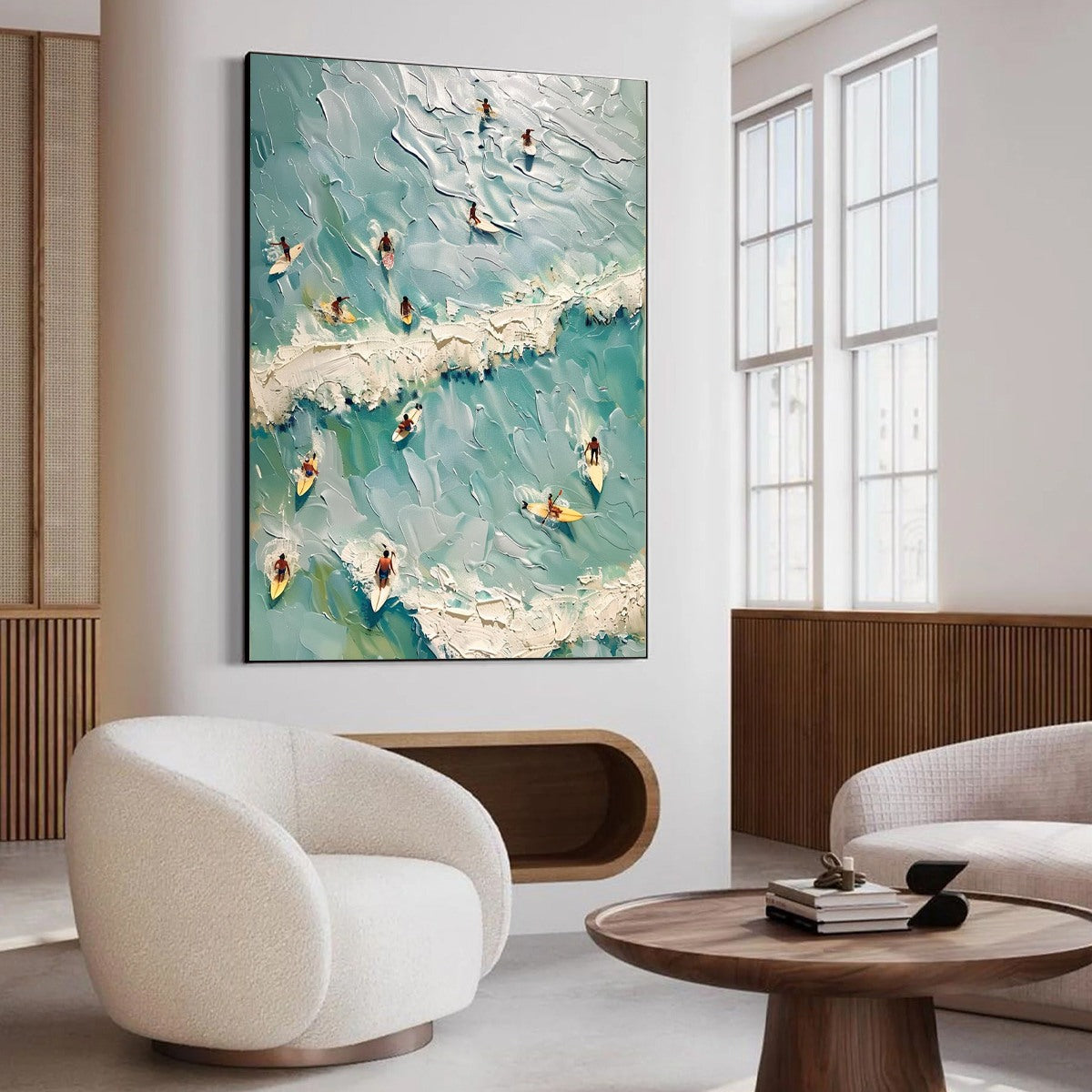 SURF'S UP: Textured Surfers Riding Ocean Waves Canvas