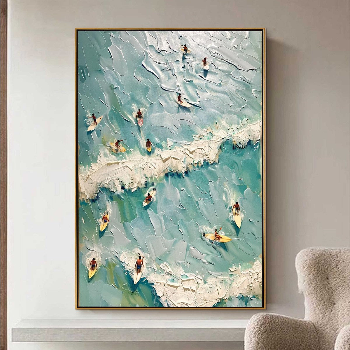 SURF'S UP: Textured Surfers Riding Ocean Waves Canvas