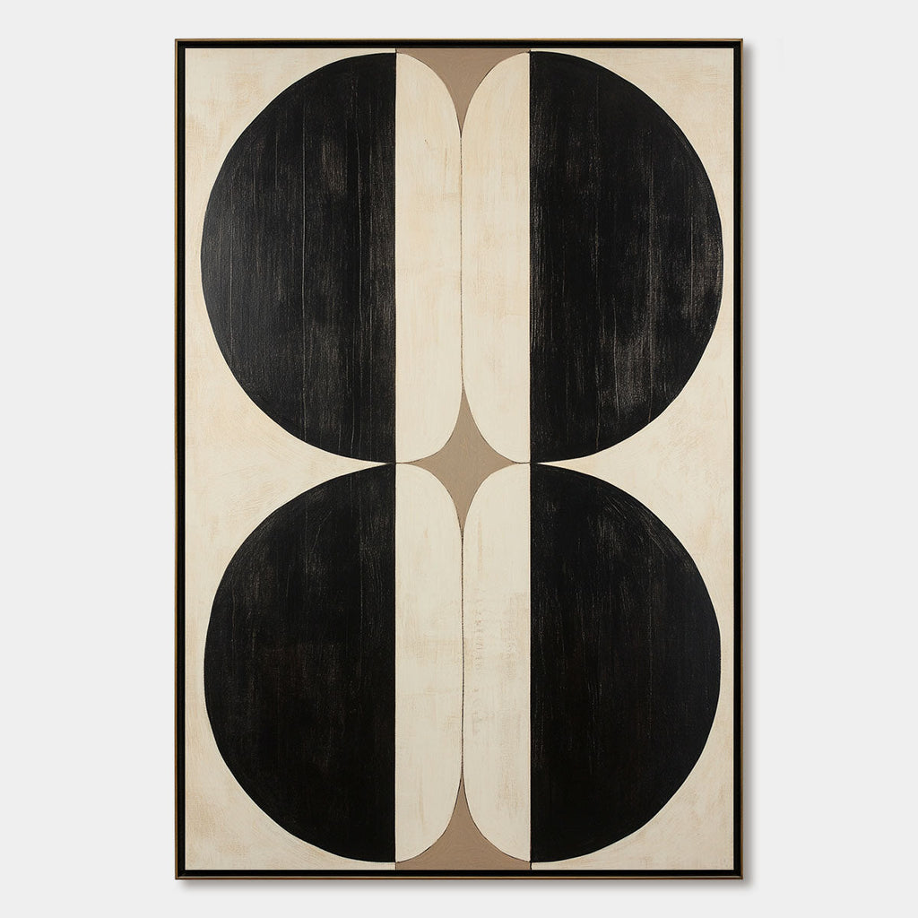 Symmetry: Original Minimalist Geometric Abstract Oil Painting - Black White Beige Vertical Wall Art