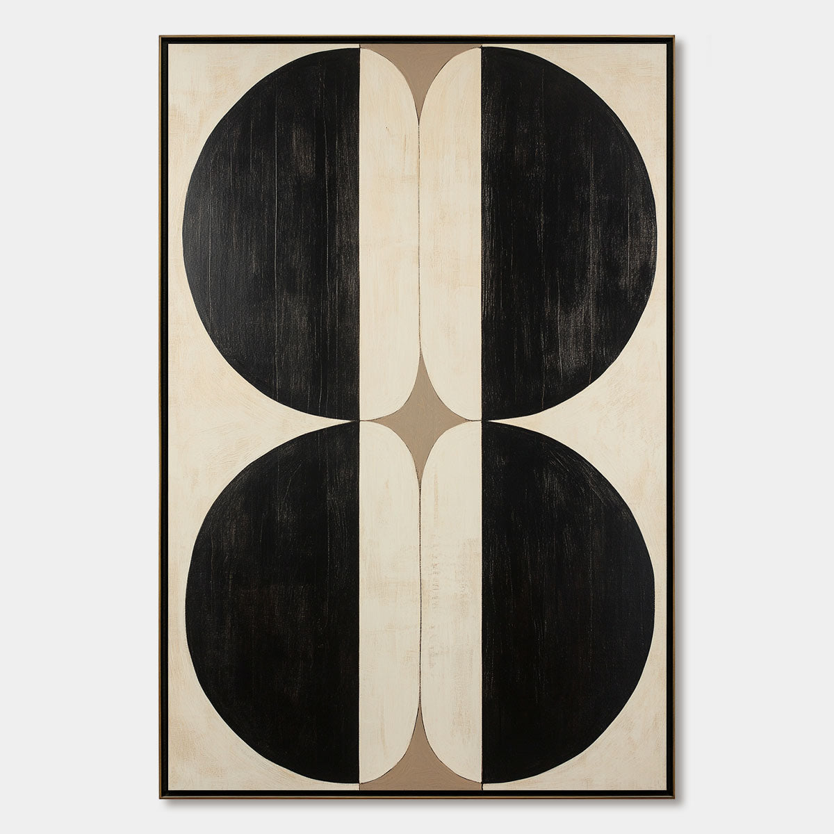 Symmetry: Original Minimalist Geometric Abstract Oil Painting - Black White Beige Vertical Wall Art