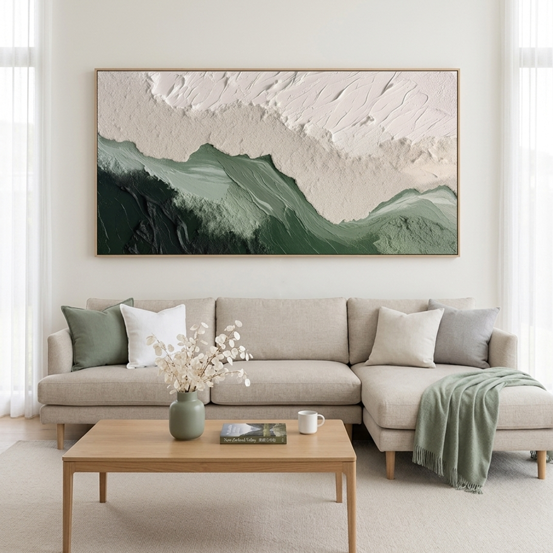 SAGE RIVER: Green White Impasto Abstract Landscape Horizontal Canvas