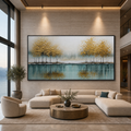 GOLDEN REFLECTIONS: Golden Trees Lake Wabi Sabi Oil Painting