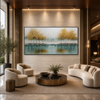 GOLDEN REFLECTIONS: Golden Trees Lake Wabi Sabi Oil Painting