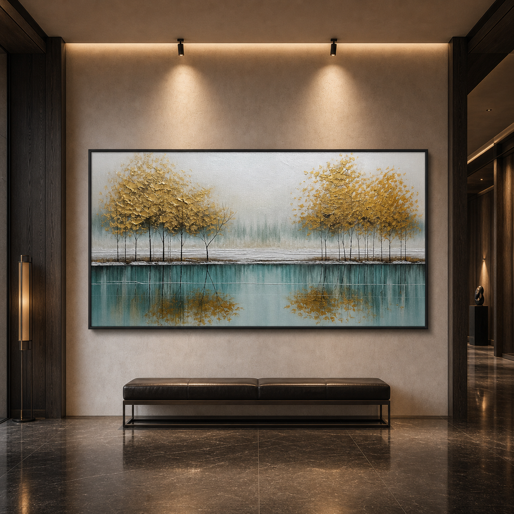 GOLDEN REFLECTIONS: Golden Trees Lake Wabi Sabi Oil Painting
