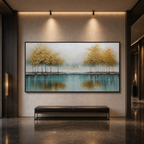 GOLDEN REFLECTIONS: Golden Trees Lake Wabi Sabi Oil Painting