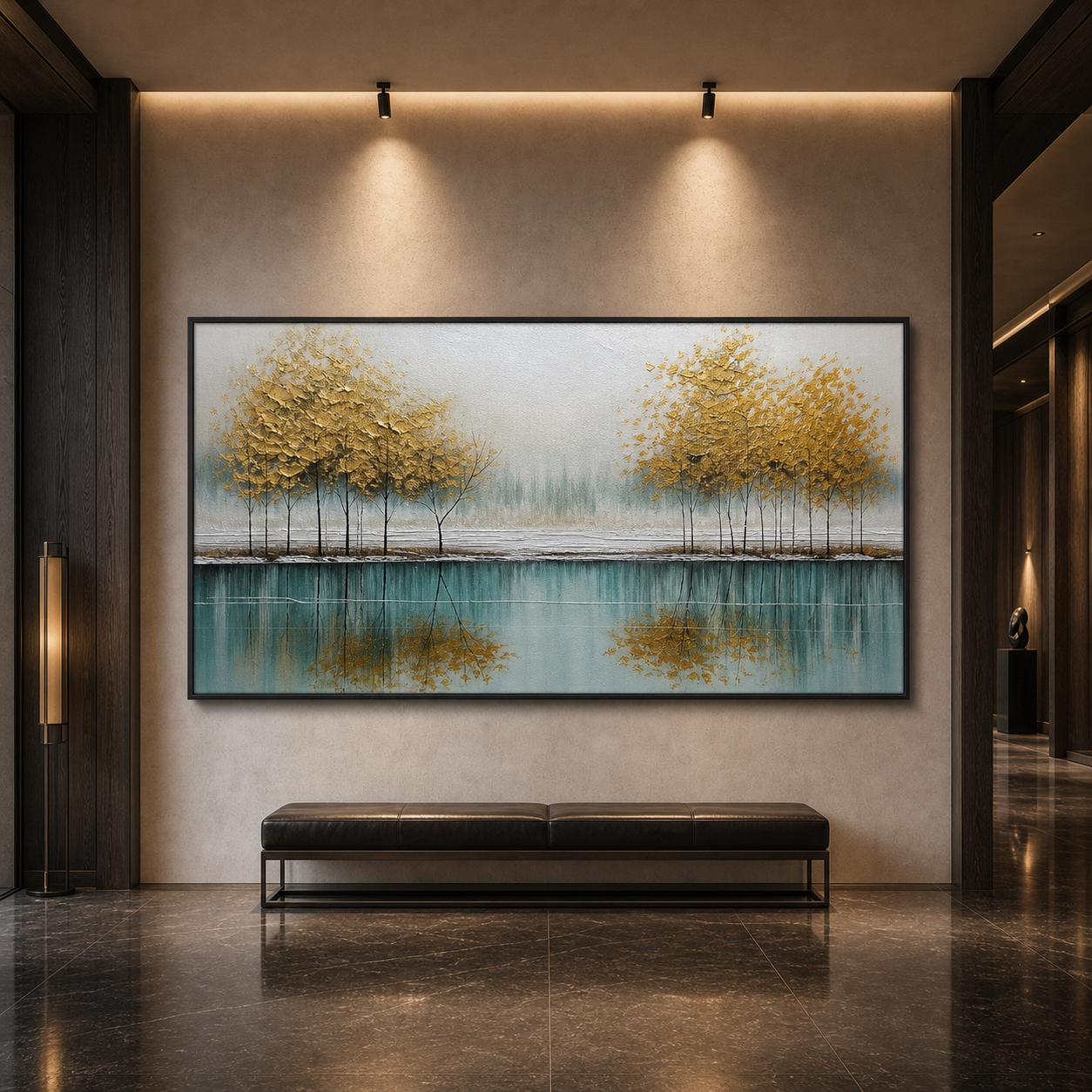 GOLDEN REFLECTIONS: Golden Trees Lake Wabi Sabi Oil Painting