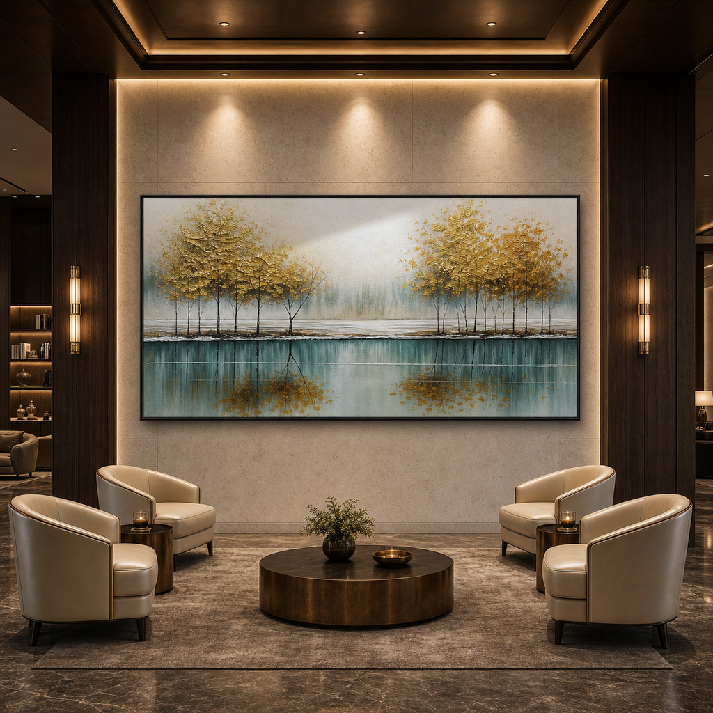 GOLDEN REFLECTIONS: Golden Trees Lake Wabi Sabi Oil Painting