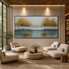 GOLDEN REFLECTIONS: Golden Trees Lake Wabi Sabi Oil Painting